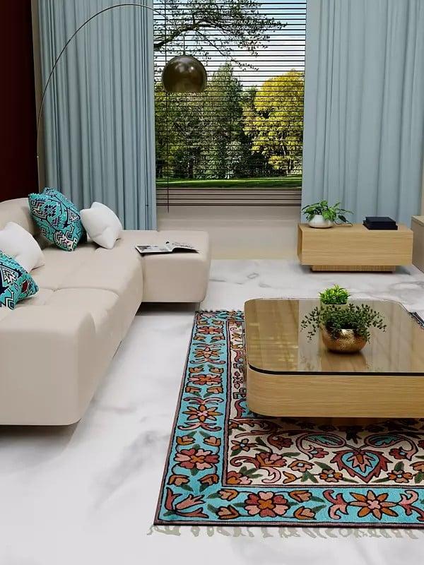 Exotic India Blue Grotto And Alabaster Gleam Cashmere Wool Chain Stitched Embroidered Carpet With Tassels And Traditional Motifs From Kashmir 