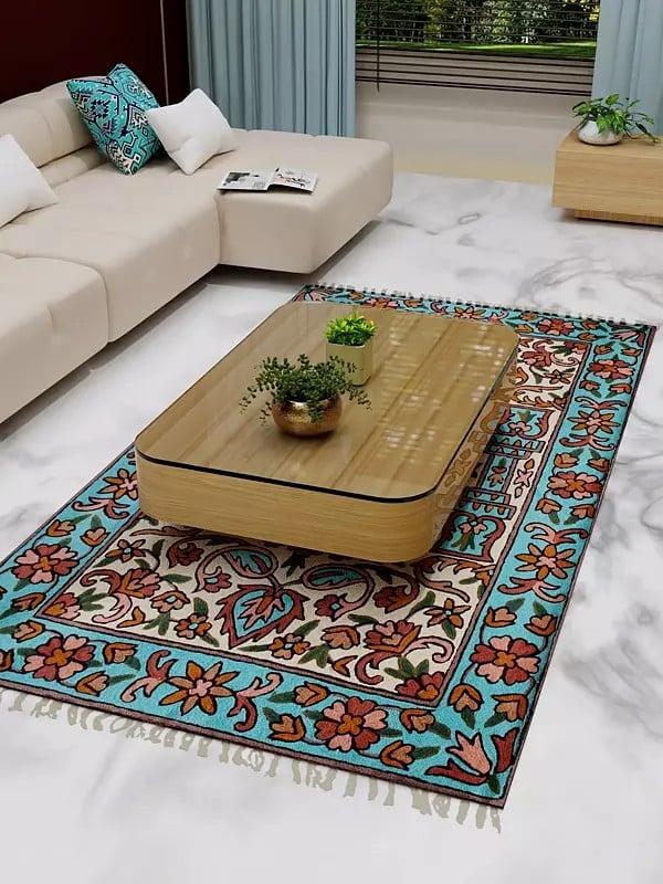 exotic india Blue Grotto and Alabaster Gleam Cashmere Wool Chain Stitched Embroidered Carpet with Tassels and Traditional Motifs from Kashmir 