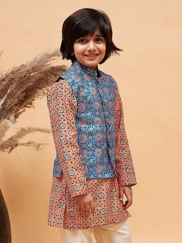 Exotic India Blue Silk Blend Elegant Sleeveless Moroccan Pattern Print Modi Jacket 