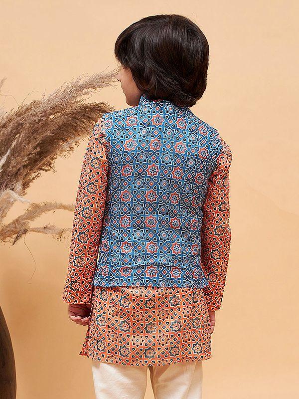 Exotic India Blue Silk Blend Elegant Sleeveless Moroccan Pattern Print Modi Jacket 