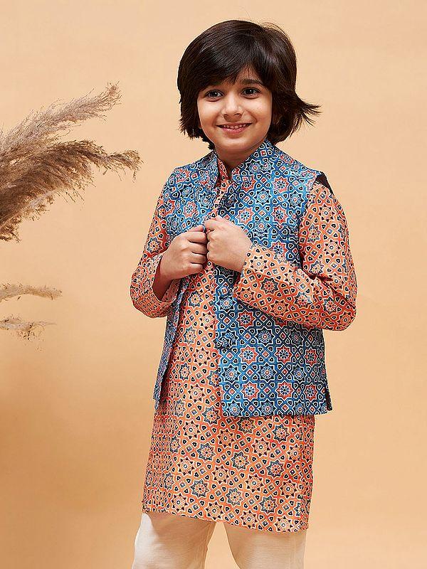 exotic india Blue Silk Blend Elegant Sleeveless Moroccan Pattern Print Modi Jacket 