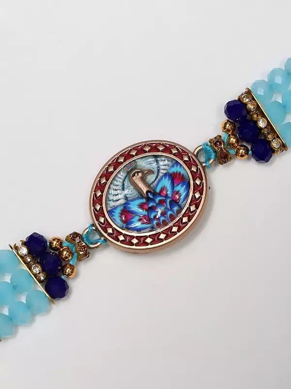 Exotic India Blue Stone Beaded Meenakari Peacock Rakhi 