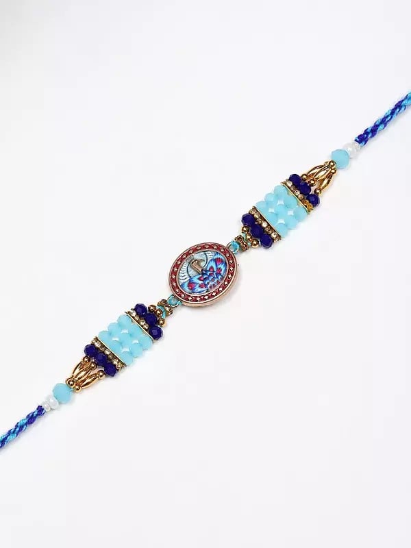 exotic india Blue Stone Beaded Meenakari Peacock Rakhi 