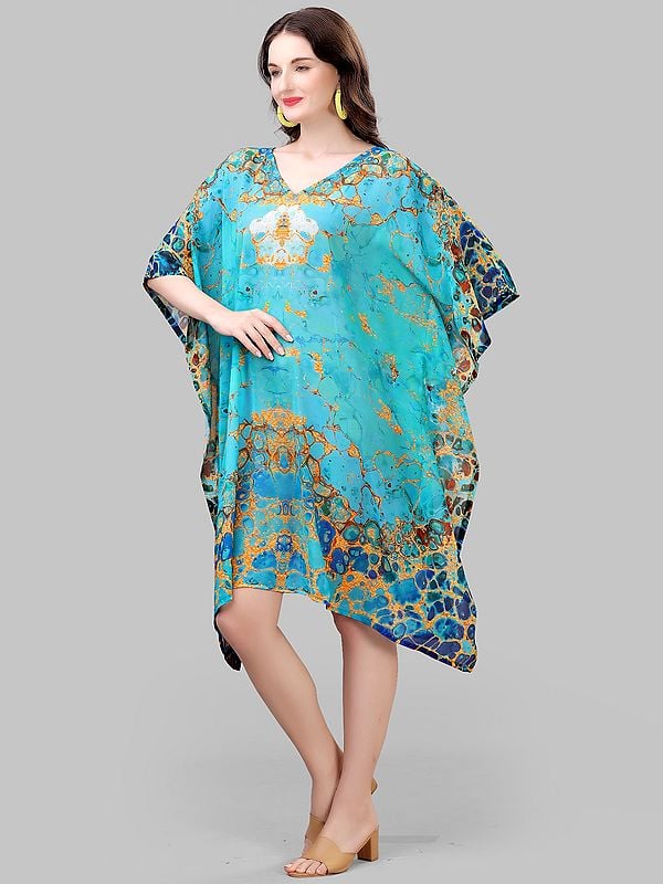 Exotic India Blue-Turquoise Printed Georgette Short Kaftan 