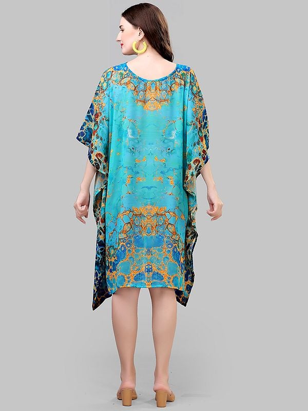 Exotic India Blue-Turquoise Printed Georgette Short Kaftan 