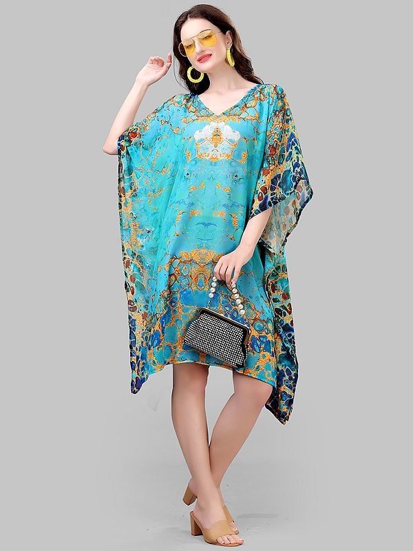 exotic india Blue-Turquoise Printed Georgette Short Kaftan 