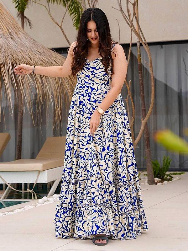Exotic India Blueberry-Blue Heavy Rayon Abstract Printed Elegant Flared Festive Wear Gown 