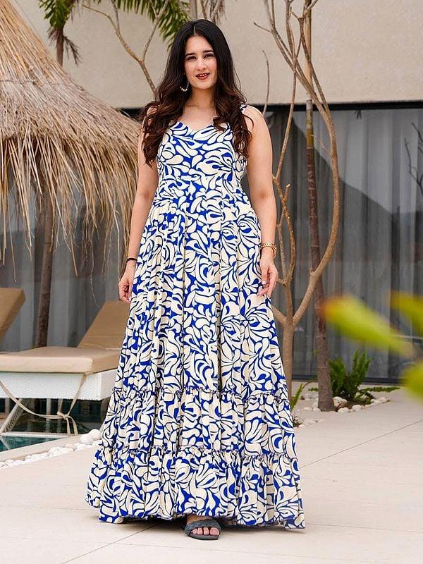 exotic india Blueberry-Blue Heavy Rayon Abstract Printed Elegant Flared Festive Wear Gown 