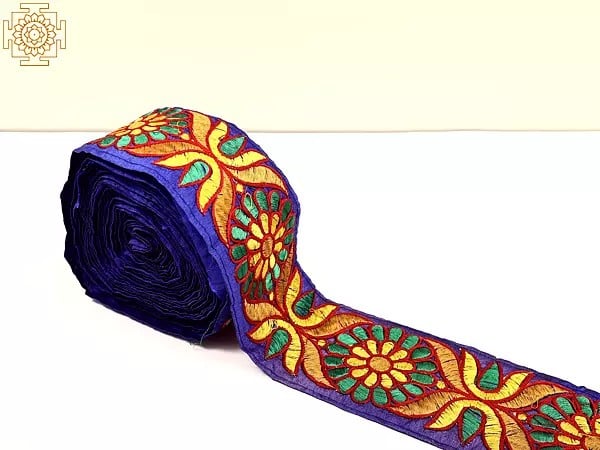Exotic India Bluing Fabric Border With Floral Thread Embroidery 
