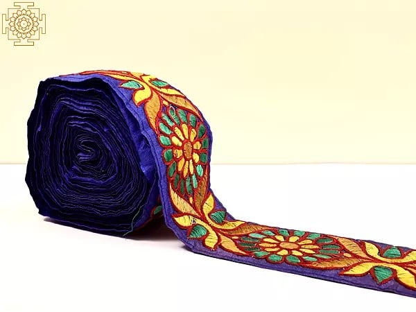 Exotic India Bluing Fabric Border With Floral Thread Embroidery 