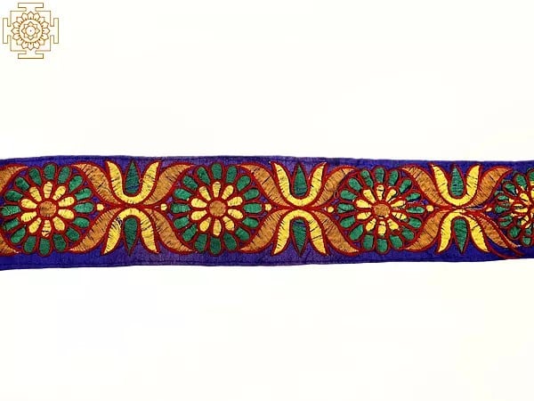 exotic india Bluing Fabric Border with Floral Thread Embroidery 