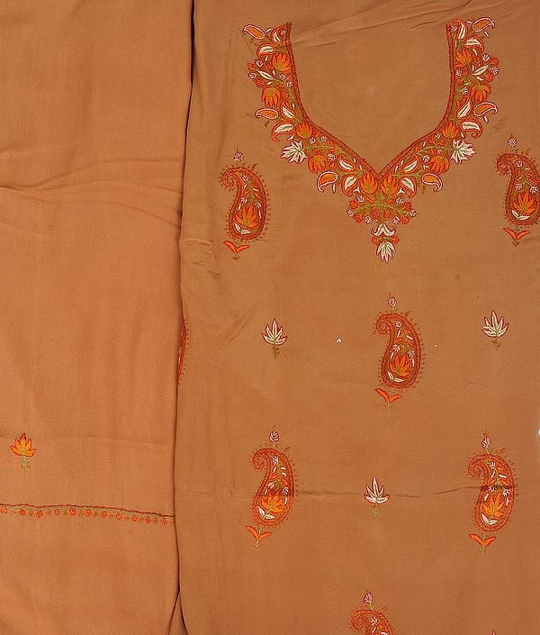 exotic india Bone-Brown Salwar Kameez Fabric from Kashmir with Sozni Hand-Embroidered Paisleys 