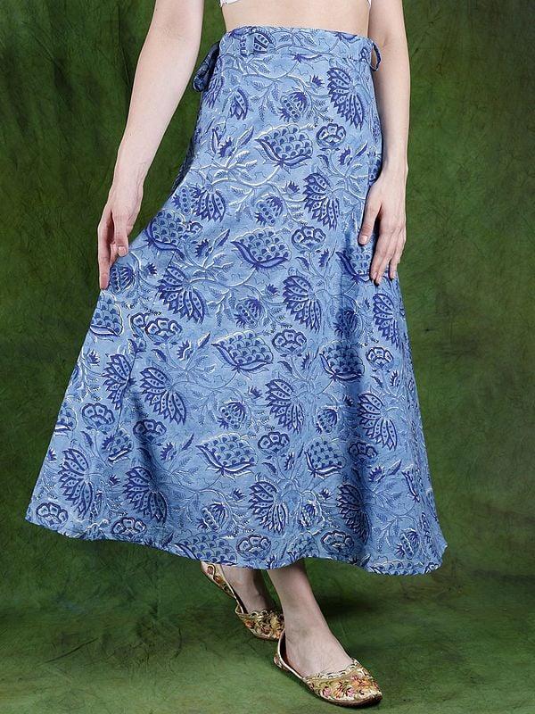Exotic India Bonnie-Blue Pure Cotton Wrap Around Printed Long Skirt