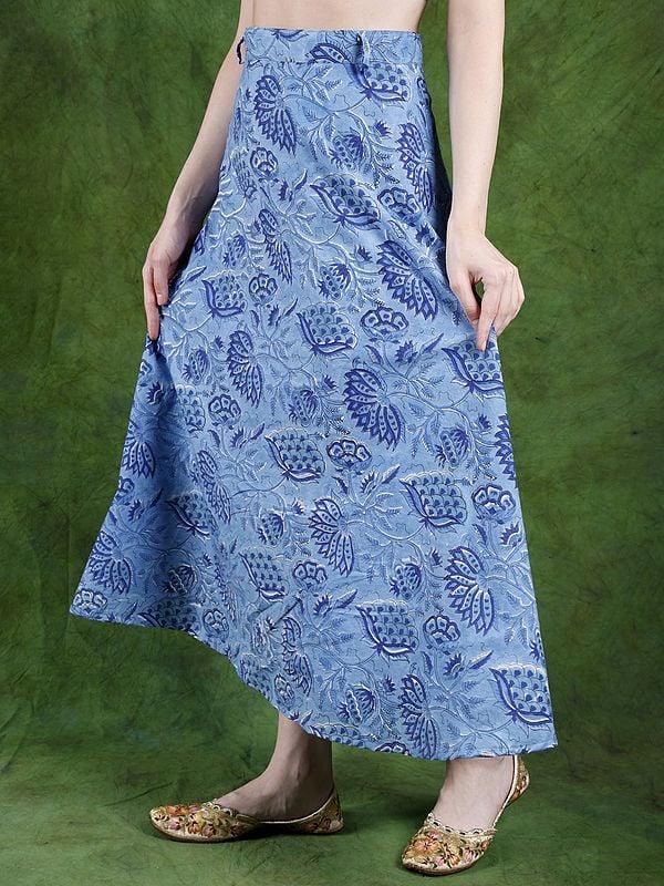 Exotic India Bonnie-Blue Pure Cotton Wrap Around Printed Long Skirt