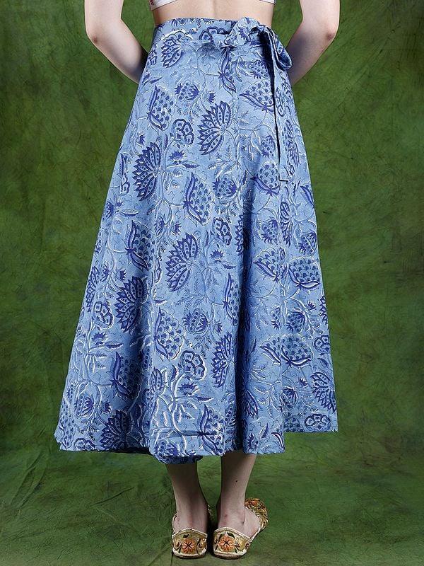 Exotic India Bonnie-Blue Pure Cotton Wrap Around Printed Long Skirt