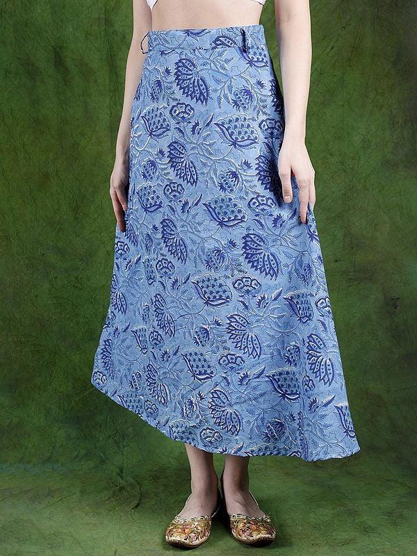 exotic india Bonnie-Blue Pure Cotton Wrap Around Printed Long Skirt 