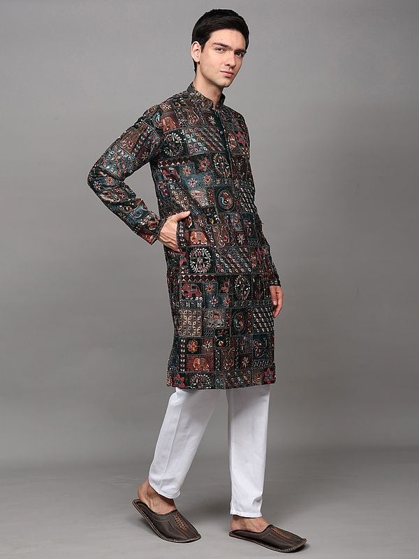 Exotic India Bottle-Green Georgette Wedding Kurta Pajama With All Over Sequins And Intricate Multicolor Thread Embroidered Floral Fauna Motifs 