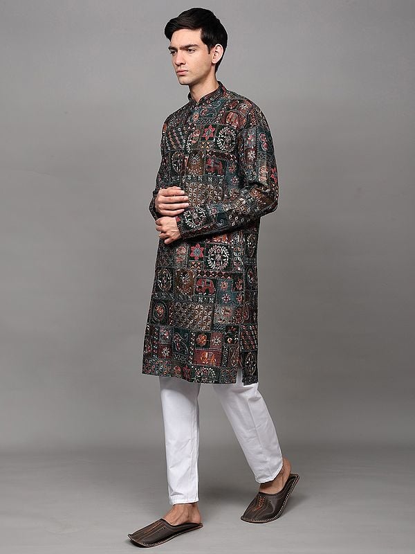 Exotic India Bottle-Green Georgette Wedding Kurta Pajama With All Over Sequins And Intricate Multicolor Thread Embroidered Floral Fauna Motifs 