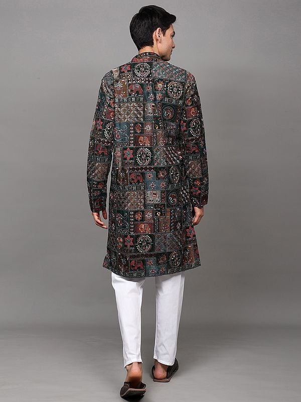 Exotic India Bottle-Green Georgette Wedding Kurta Pajama With All Over Sequins And Intricate Multicolor Thread Embroidered Floral Fauna Motifs 