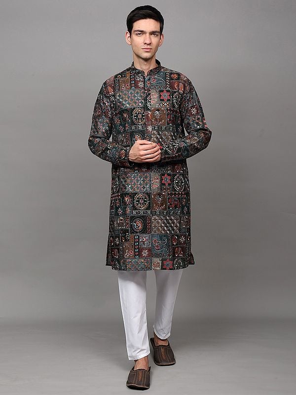 exotic india Bottle-Green Georgette Wedding Kurta Pajama with All Over Sequins and Intricate Multicolor Thread Embroidered Floral Fauna Motifs 