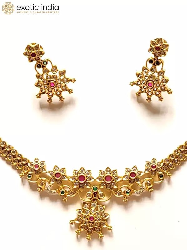 Exotic India Brass Beautiful Colorful Stone Necklace With Earrings