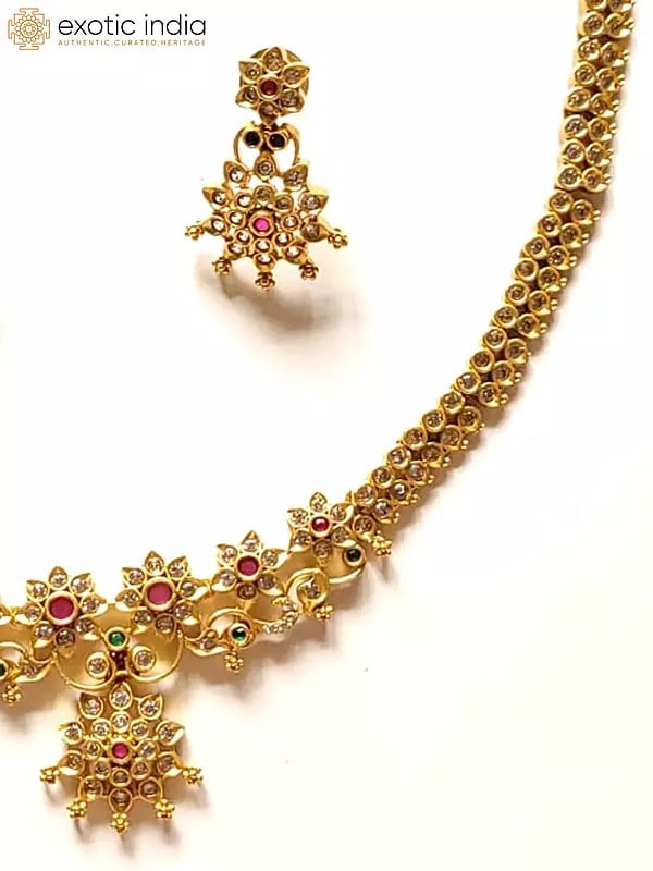 Exotic India Brass Beautiful Colorful Stone Necklace With Earrings