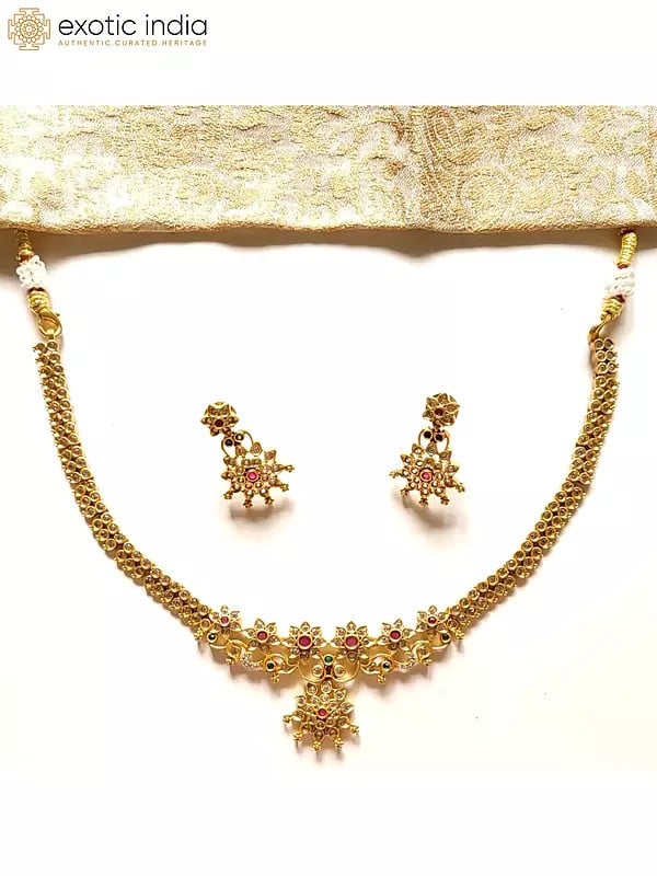 exotic india Brass Beautiful Colorful Stone Necklace with Earrings