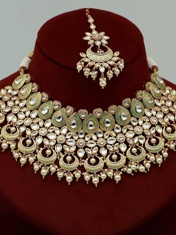 Exotic India Brass Choker Necklace Set With Attractive Carving And Hanging Pearls