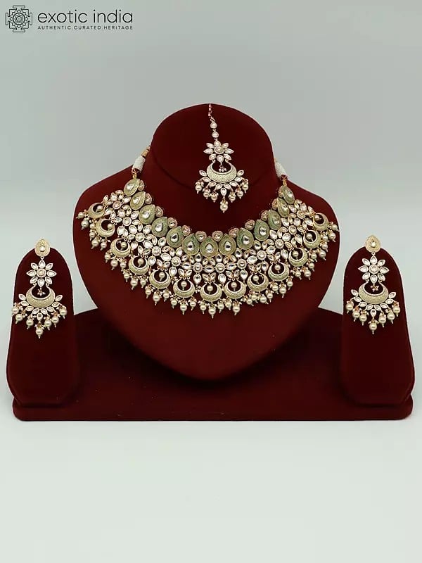 exotic india Brass Choker Necklace Set With Attractive Carving And Hanging Pearls 