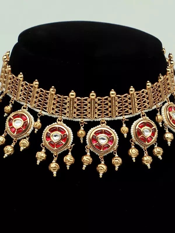 Exotic India Brass Choker Set With Attractive Earrings For Women
