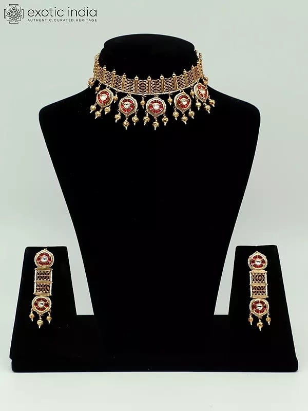 exotic india Brass Choker Set With Attractive Earrings For Women