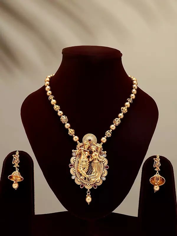 Exotic India Brass Dancing Radha Krishna Necklace Set With Earrings 