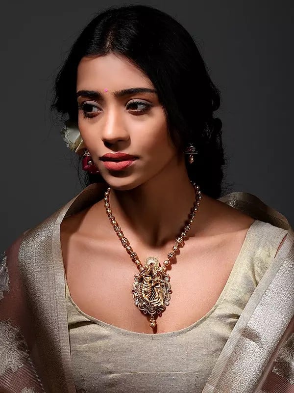 exotic india Brass Dancing Radha Krishna Necklace Set with Earrings 