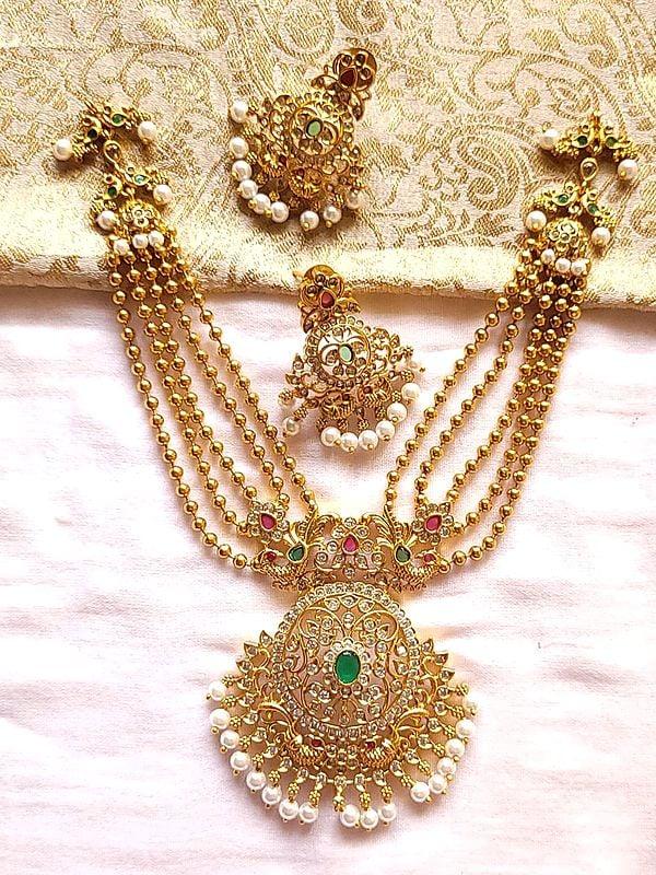 exotic india Brass Floral and Stone Work Designer Necklace with Earrings 