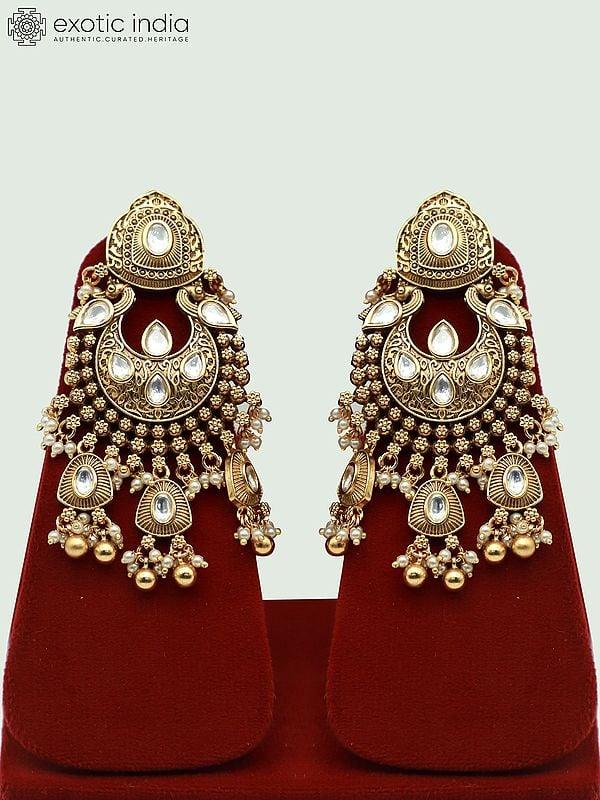 Exotic India Brass Heavy Necklace Set For Bride With Attractive Carving Earrings And Elegant Mangtika 