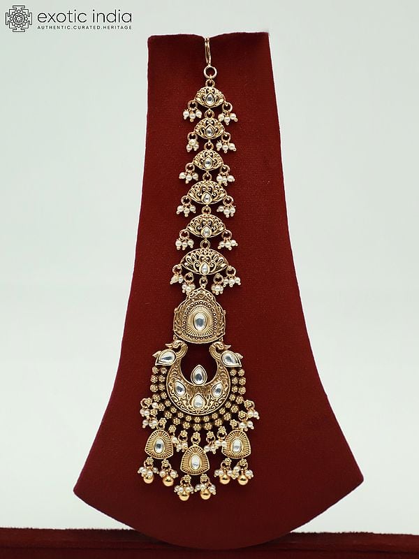 Exotic India Brass Heavy Necklace Set For Bride With Attractive Carving Earrings And Elegant Mangtika 