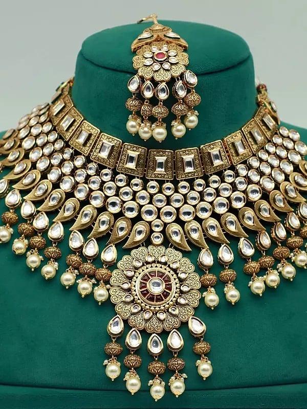 Exotic India Brass Heavy Necklace Set With Kundan Mangtika And Beads Earrings