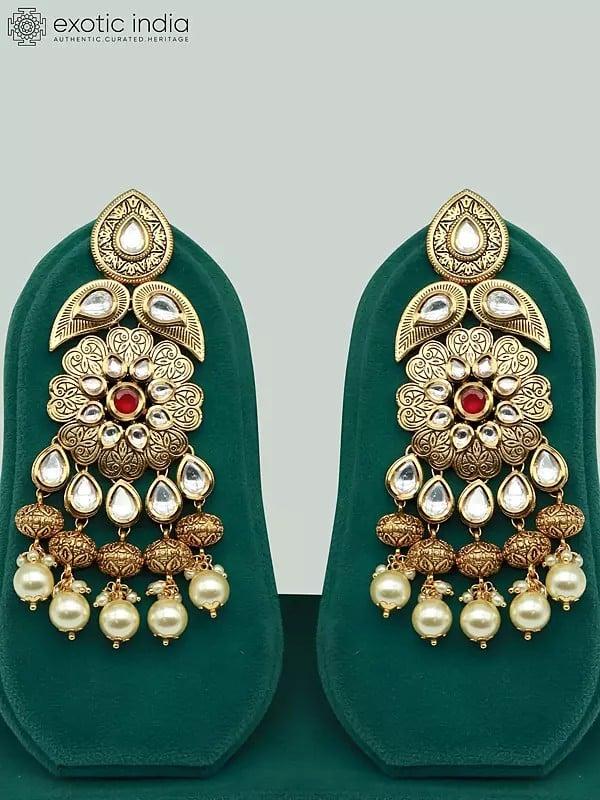 Exotic India Brass Heavy Necklace Set With Kundan Mangtika And Beads Earrings