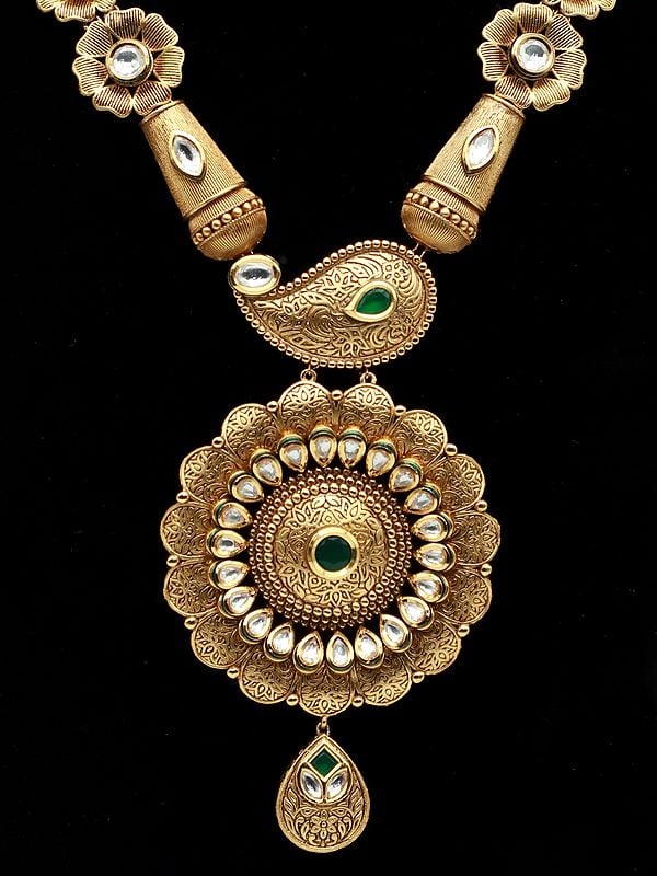 Exotic India Brass Long Pendant Necklace Set In Premium Quality Kundan With Beads Earrings