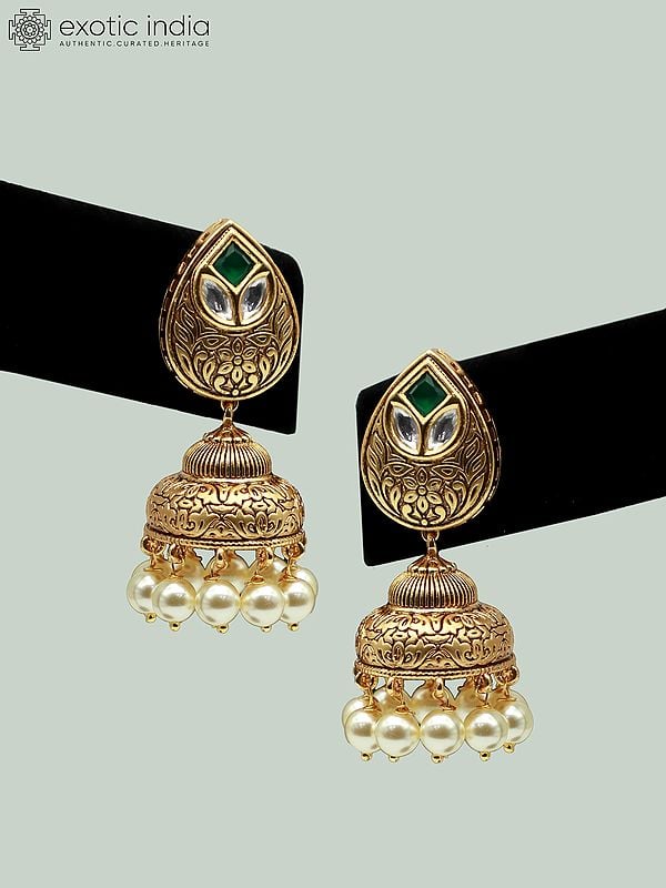 Exotic India Brass Long Pendant Necklace Set In Premium Quality Kundan With Beads Earrings