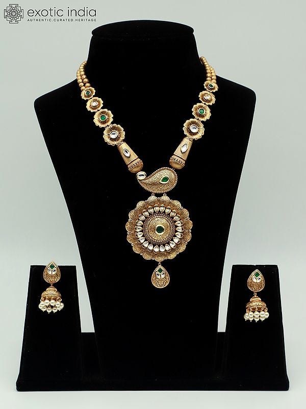 exotic india Brass Long Pendant Necklace Set In Premium Quality Kundan With Beads Earrings 