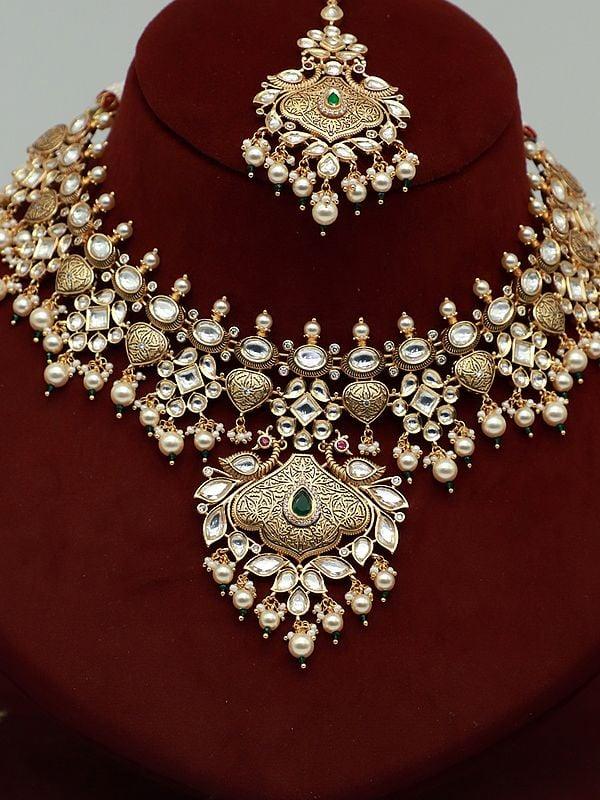 Exotic India Brass Necklace Set For Bride With Earrings And Mangtika