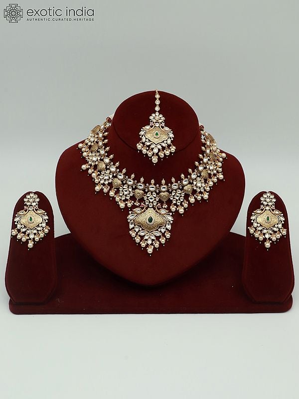 exotic india Brass Necklace Set For Bride With Earrings And Mangtika 