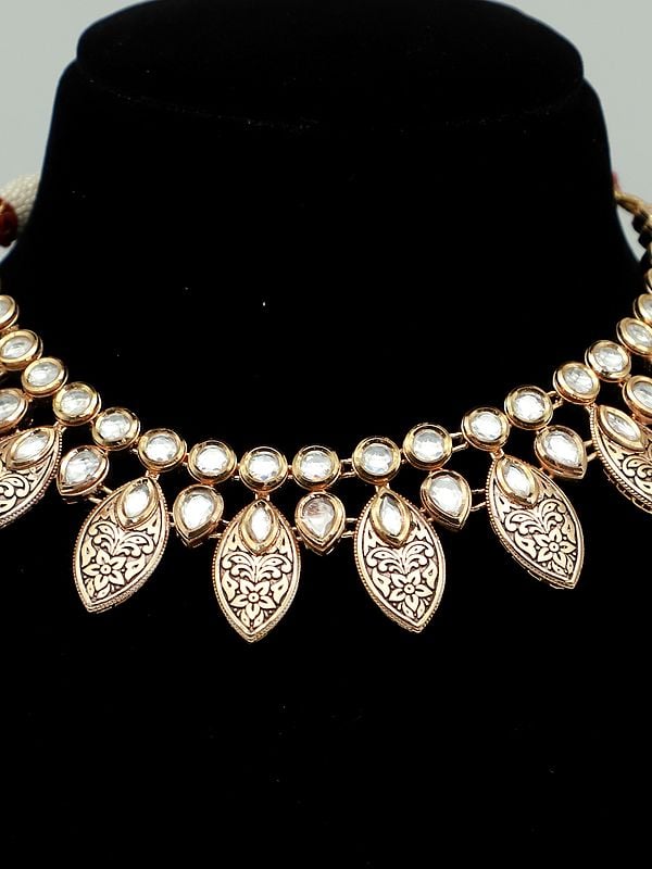 Exotic India Brass Necklace Set In Flower Carving For Women With Earrings