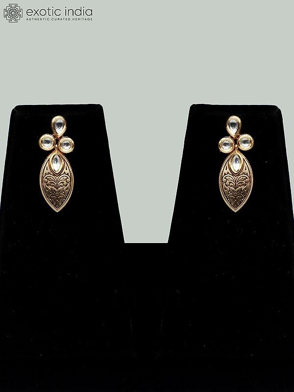 Exotic India Brass Necklace Set In Flower Carving For Women With Earrings