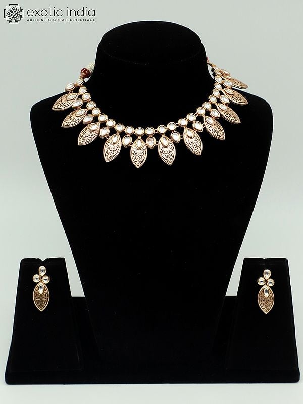 exotic india Brass Necklace Set In Flower Carving For Women With Earrings