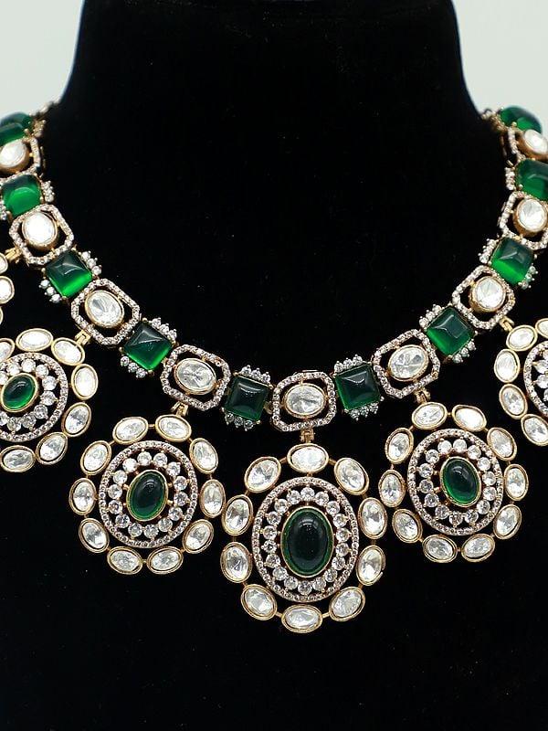 Exotic India Brass Necklace Set With Beautiful Moissanite Kundan Stone And Earrings