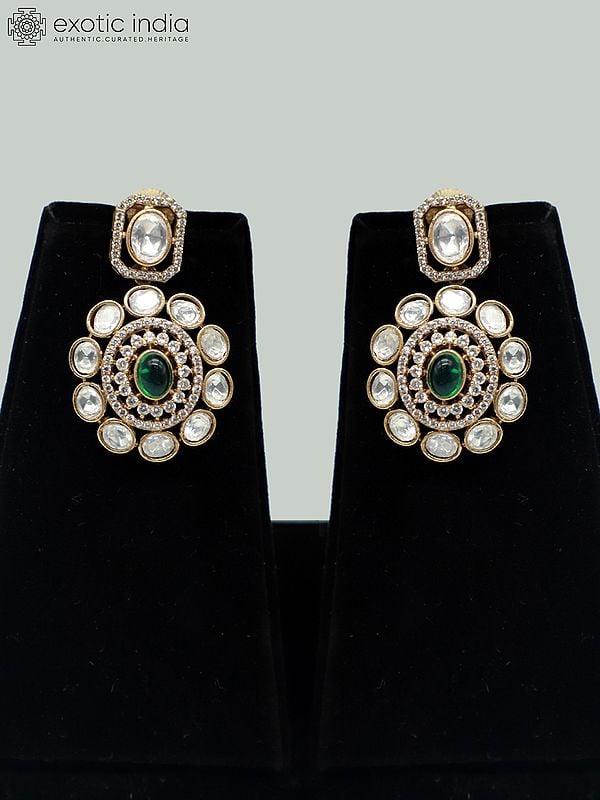 Exotic India Brass Necklace Set With Beautiful Moissanite Kundan Stone And Earrings