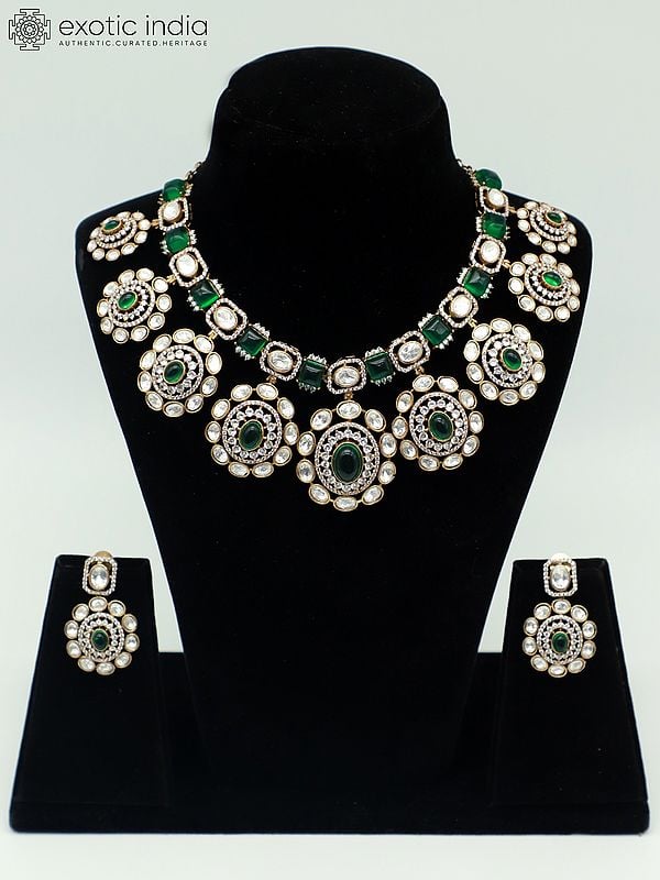 exotic india Brass Necklace Set With Beautiful Moissanite Kundan Stone And Earrings 