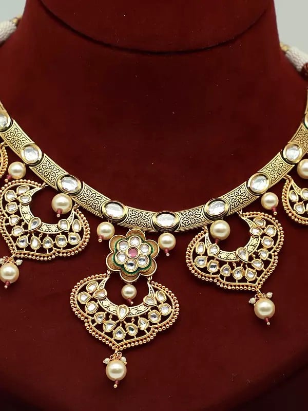 Exotic India Brass Necklace Set With Kundan Studded Earrings And Hanging Beads